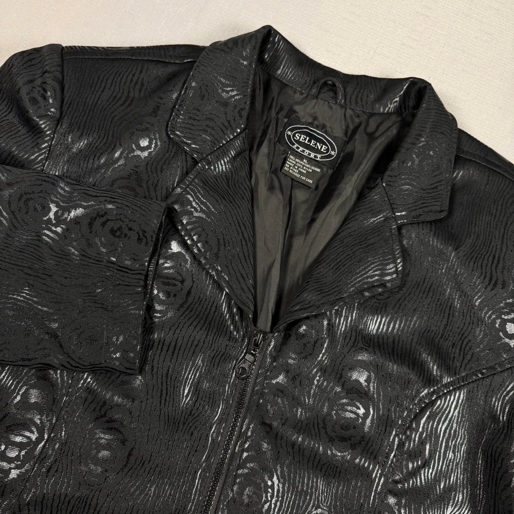 Selene Sport Black Textured Woodgrain Zip Up Jacket Women XL Faux Leather Lined